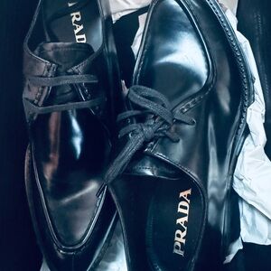 Prada Shiny Black Leather Lace-Up Oxfords
